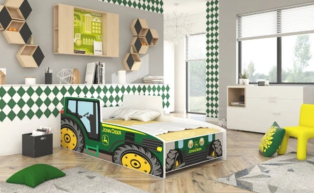 Łóżko Tractor Green 70x140 cm designerskie łóżko z materacem w kształcie traktora z ozdobnym nadrukiem wykonane z solidnych materiałów