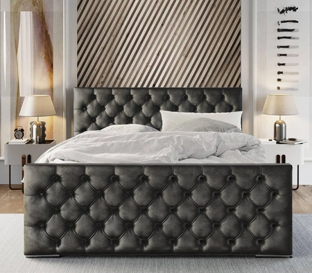 Łóżko tapicerowane Viamao 160x200 szare z pojemnikiem w nowoczesnym skandynawskim stylu z pikowanym wezgłowiem oraz zanóżkiem