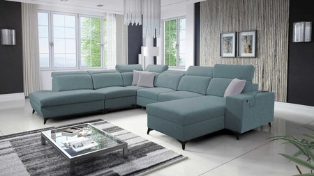 Narożnik z funkcją spania Kelly Sleek X arktyczny błękit prawostronny niezwykle elegancki narożnik do salonu z regulowanymi zagłówkami