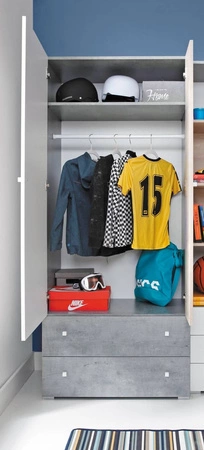 Zestaw mebli Epsilon beton / biały / dąb idealna propozycja do pokoju młodzieżowego lub dziecięcego w modnym stylu