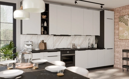 Zestaw mebli kuchennych Corato Bl 390 cm stylowe szafki kuchenne z frontami wykonanymi w technologii anti fingerprint metalowe uchwyty