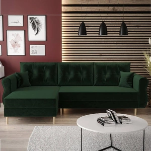 Narożnik z funkcją spania Wilkins butelkowa zieleń lewostronny stylowy i nowoczesny design wpisujący się w każdą aranżację