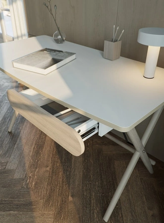 Biurko Match 135 cm biały / dąb jasny stylowe biurko z szufladą ergonomiczny blat subtelne połączenie funkcjonalności i elegancji