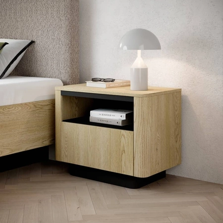 Szafka nocna Torro dąb cremona / czarny nowoczesny design szafki do sypialni zaoblony kształt system otwierania szuflady push to open