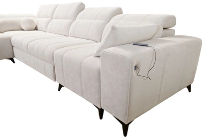 Narożnik z funkcją spania Penejos XI łososiowy lewostronny wygodny narożnik z regulowanymi zagłówkami i dwoma pojemnikami na pościel