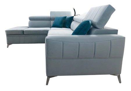 Narożnik z funkcją spania Rava III miodowy lewostronny velvet komfortowy narożnik z regulowanymi zagłówkami i pojemnikiem na pościel