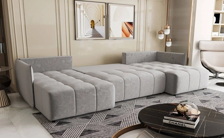 Narożnik z funkcją spania Oroso U jasny szary pojemnik na pościel miękka tkanina typu velvet z powłoką hydrofobową ozdobne pikowania