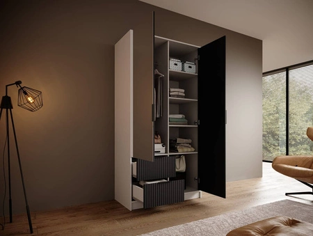 Szafa z lustrem Norel 102 cm biały / czarny stylowa szafa o nowoczesnym designie z ryflowanymi frontami i pojemnymi szufladami