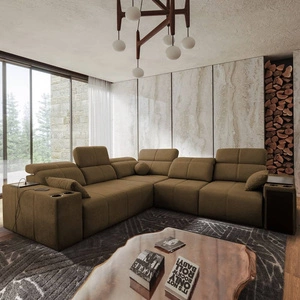 Narożnik z funkcją spania Tesalia III brązowy prawostronny komfortowy narożnik z przesuwanym oparciem dwa pojemniki na pościel