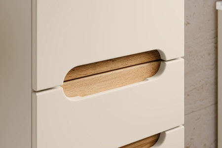 Słupek łazienkowy Bali 35 cm beżowy / dąb wotan wysoka szafka do łazienki z szufladą osadzona na stabilnych nogach