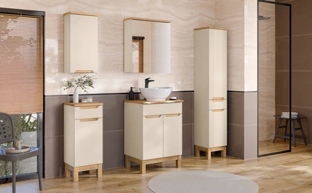 Słupek łazienkowy Bali 35 cm beżowy / dąb wotan wysoka szafka do łazienki z szufladą osadzona na stabilnych nogach