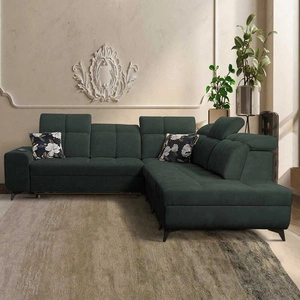 Narożnik z funkcją spania Buffalo IX zielony prawostronny stylowy narożnik do pokoju wykonany z welurowej tkaniny ozdobne poduszki