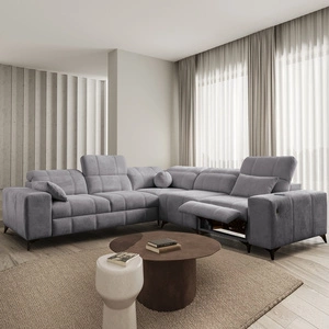 Narożnik z funkcją spania Penejos III Lux jasny szary prawostronny narożnik do salonu z wysuwanym podnóżkiem pojemnik na pościel