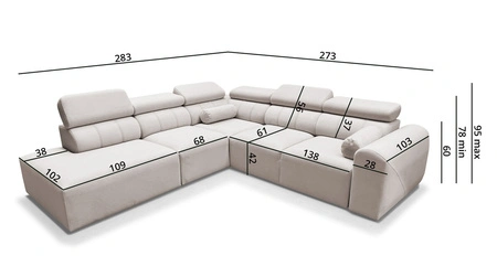 Narożnik z funkcją spania Cantare IX beżowy lewostronny komfortowy narożnik rozkładany nowoczesny design pluszowa tkanina