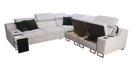 Narożnik z funkcją spania Alcamo III siwy / biały prawostronny funkcjonalny narożnik z szufladą w boczku dwa pojemniki na pościel