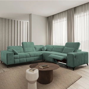 Narożnik z funkcją spania Penejos III Lux zielony prawostronny wygodny narożnik do salonu z wysuwanym podnóżkiem pojemnik na pościel