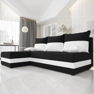 Narożnik z funkcją spania Bowers czarny / biały lewostronny narożnik z pojemnikiem na pościel gwarancja najwyższego komfortu