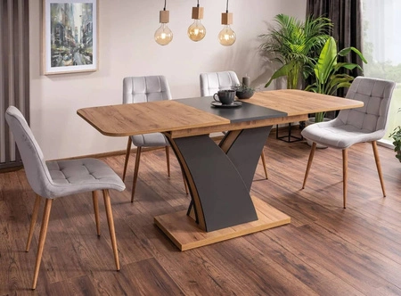 Krzesło tapicerowane Chic D szare nowoczesne oraz funkcjonalne krzesło z metalowymi nogami w kolorze dąb