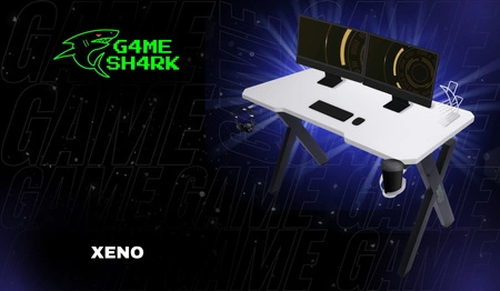 Biurko gamingowe Xeno biały / czarny designerskie i ergonomiczne biurko wytrzymały blat pokryty antypoślizgowym karbonem