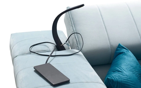 Narożnik z funkcją spania Rava II lazurowy prawostronny velvet komfortowy narożnik z pojemnikiem na pościel wielofunkcyjna lampka