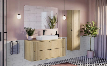 Szafka pod umywalkę Ovalia Cremona 120 cm dąb cremona charakterystyczne zaokrąglone rogi szafki czarne metalowe uchwyty krawędziowe