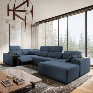 Narożnik z funkcją spania Tesalia IV Lux niebieski prawostronny stylowy narożnik z wysuwanym podnóżkiem oraz funkcją przesuwanego oparcia