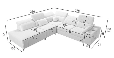 Narożnik z funkcją spania Penejos IX jasny szary lewostronny stylowy narożnik z pojemnikami na pościel wygodne regulowane zagłówki