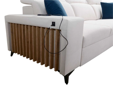 Narożnik z funkcją spania Kelly wrzosowy prawostronny velvet komfort i funkcjonalność bok narożnika wykończony lamelami