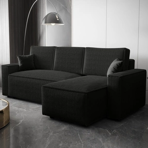 Narożnik z funkcją spania Nelo czarny prawostronny praktyczny i nowoczesny narożnik pokryty sztruksową tkaniną pojemnik na pościel