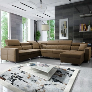 Narożnik z funkcją spania Nausa VII jasny brąz prawostronny elegancki narożnik do salonu wykonany z miękkiej tkaniny typu velvet