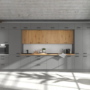 Zestaw mebli kuchennych Antri / Verdi 490 cm fronty szafek kuchennych wiszących wykończone ozdobnymi lamelami czarne metalowe uchwyty