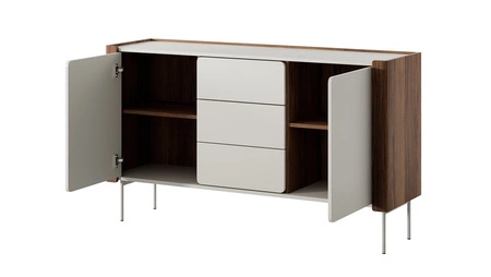 Zestaw mebli Tantuni orzech warmia / beżowy stylowa meblościanka do salonu z zaokrąglonymi krawędziami frontów modna kolorystyka