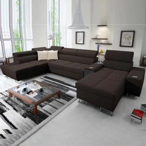 Narożnik z funkcją spania Dafni V brązowy prawostronny pleciony wygodny i komfortowy narożnik z regulowanymi zagłówkami