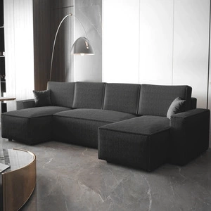 Narożnik z funkcją spania Nelo U grafitowy komfortowy i nowoczesny narożnik z pojemnikiem na pościel sztruksowa prążkowana tkanina