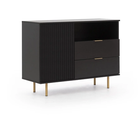 Zestaw mebli Sula czarny meblościanka do salonu wzbogacona o metalowe uchwyty ozdobne ryflowane fronty system push to open