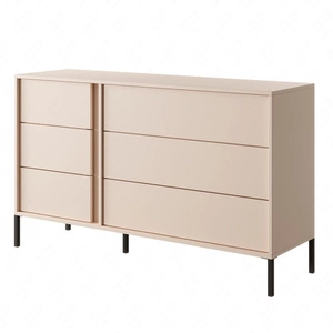 Komoda z szufladami Beloit 137 cm beżowa nowoczesna forma oryginalne pionowe podświetlenie LED komoda wsparta na metalowych nogach