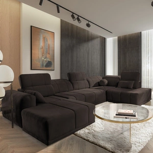 Narożnik z funkcją spania Cetara VI brązowy lewostronny komfortowy i stylowy narożnik rozkładany z przesuwanymi oparciami