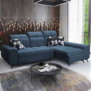 Narożnik z funkcją spania Buffalo niebieski prawostronny funkcjonalny i stylowy narożnik rozkładany z pojemnikiem na pościel