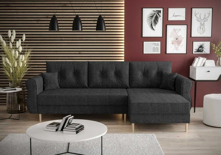 Narożnik z funkcją spania Wilkins grafitowy prawostronny stylowy i nowoczesny design wpisujący się w każdą aranżację