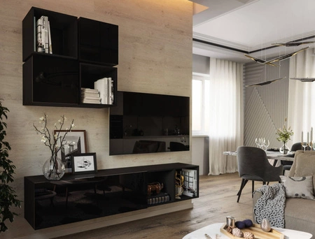 Meblościanka Perisa czarna / czarny połysk minimalistyczny design meblościanka do salonu lub pokoju dziennego system push to open