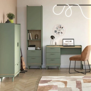 Zestaw mebli Scandia zielony / dąb olejowany nowoczesny design meble na wysokich nogach do pokoju nastolatka czy biura pojemne szuflady