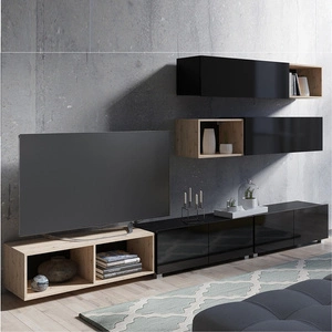 Meblościanka Apulia XXV czarny połysk / dąb artisan wyjątkowo stylowa meblościanka proste bryły wpisujące się w każde wnętrze