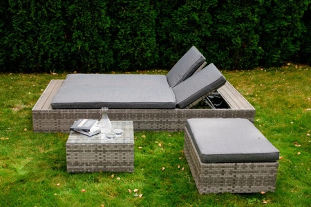 Sofa ogrodowa Diabolico szara elegancki charakter oryginalna forma wielofunkcyjny regulowany mebel ogrodowy wykonany z technorattanu