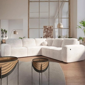 Narożnik z funkcją spania Arbon III kremowy prawostronny wyjątkowo stylowy narożnik z pojemnikiem na pościel unikalny obły kształt