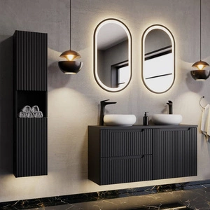 Zestaw mebli łazienkowych Nova czarny stylowe szafki łazienkowe z ryflowaniem frezowane uchwyty ciche domykanie drzwi i szuflad