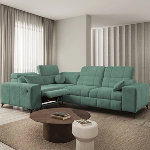 Narożnik z funkcją spania Penejos II Lux zielony lewostronny wygodny narożnik do salonu z komfortowym wysuwanym podnóżkiem