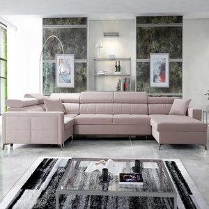 Narożnik z funkcją spania Nausa V pudrowy róż prawostronny elegancki narożnik do salonu wykonany z miękkiej tkaniny typu velvet