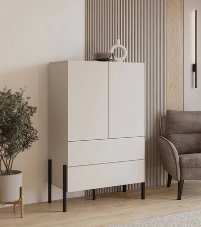 Komoda wysoka Jukon S 90 cm gustowna forma mebla w nowoczesnym stylu system otwierania push to open metalowe czarne nogi pojemne szuflady