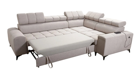 Narożnik z funkcją spania Bolmso II fioletowy prawostronny narożnik z pojemnikiem na pościel szuflada z pełnym wysuwem w boczku mebla