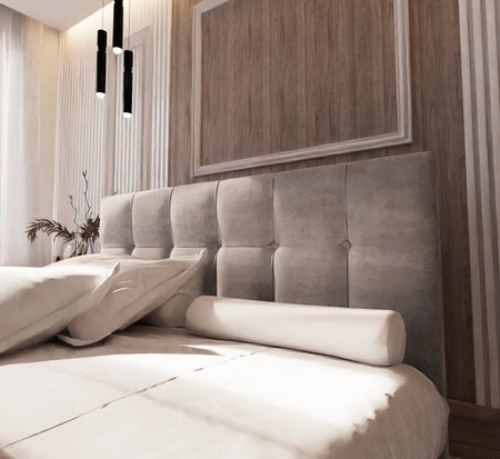 Łóżko kontynentalne Harmony 140x200 brąz w nowoczesnym skandynawskim stylu z wezgłowiem wykończonym ozdobnymi guzikami